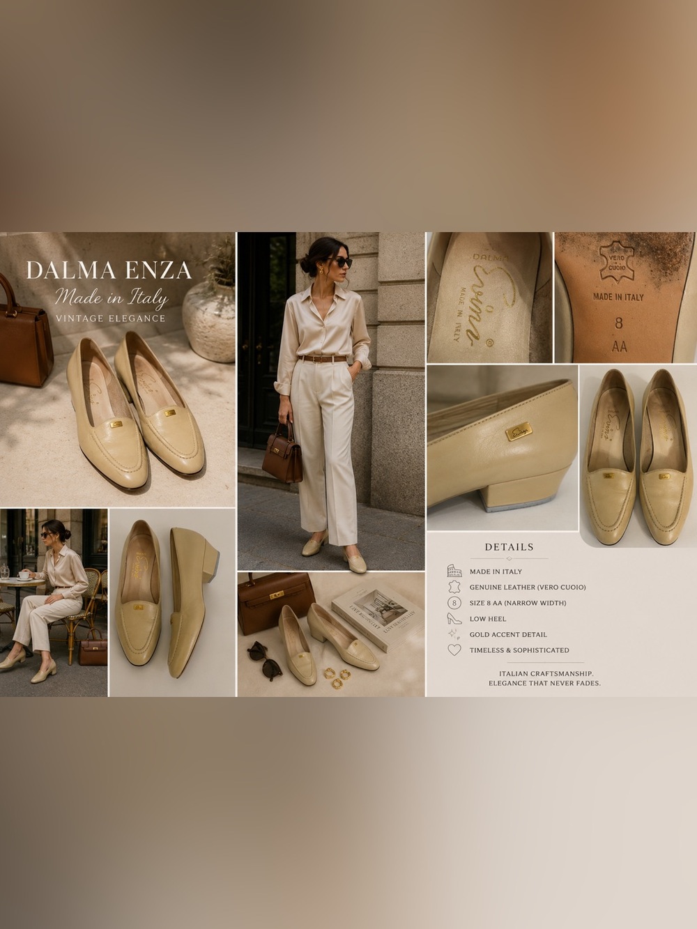 Vintage Dalma Enza Made in Italy Beige Leather Loafers Size 8 AA